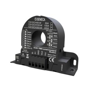 Transdutor de corrente CA/CC T201DCH300-MU Seneca efeito Hall 300A saída 0-10V Modbus RTU USB IP20