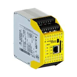CLP de segurança Wieland SP-COP2-EN-A com alimentação 24Vcc, 16 entradas digitais seguras, 4 saídas OSSD, 4 I/Os configuráveis, interface Ethernet TCP/IP, USB Mini-B, certificação SIL3 PL e Categoria 4 e montagem em trilho DIN