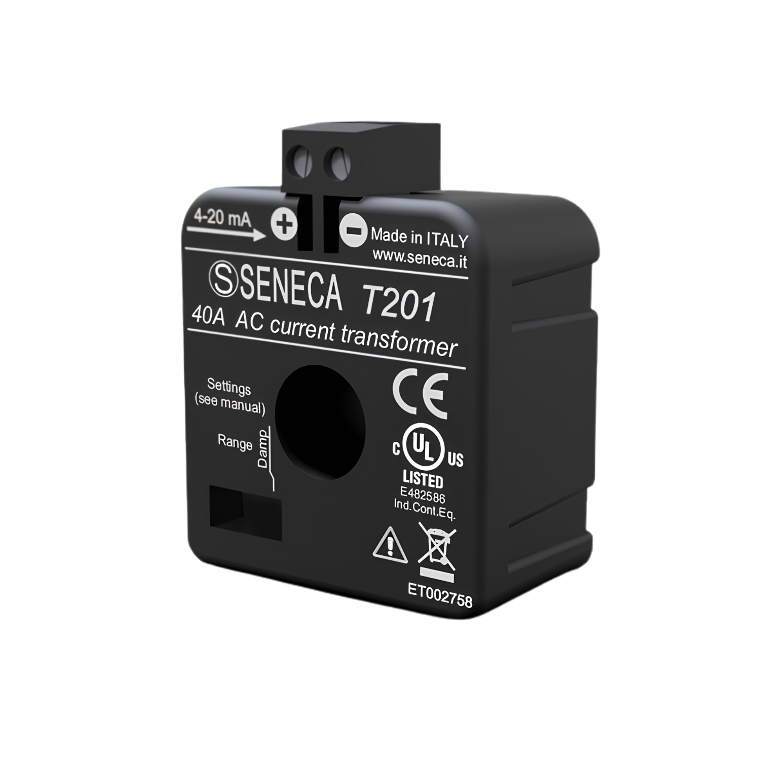 Transdutor de corrente CA/CA T201 Seneca 5-40A saída 4-20 mA loop powered IP20 para automação industrial