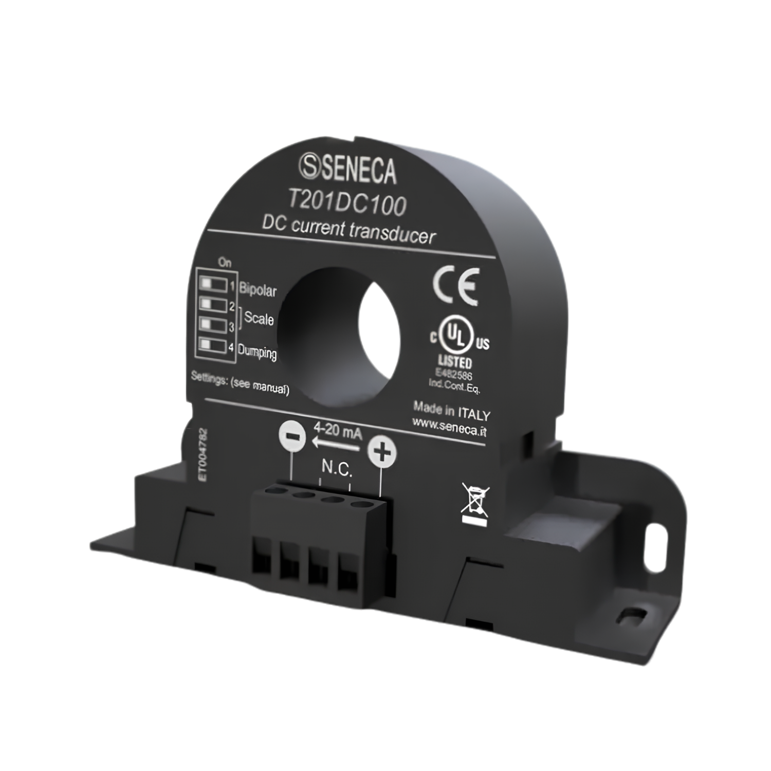 Transdutor de corrente CA/CC T201DC100 Seneca até 100A saída 4-20 mA loop powered para automação industrial