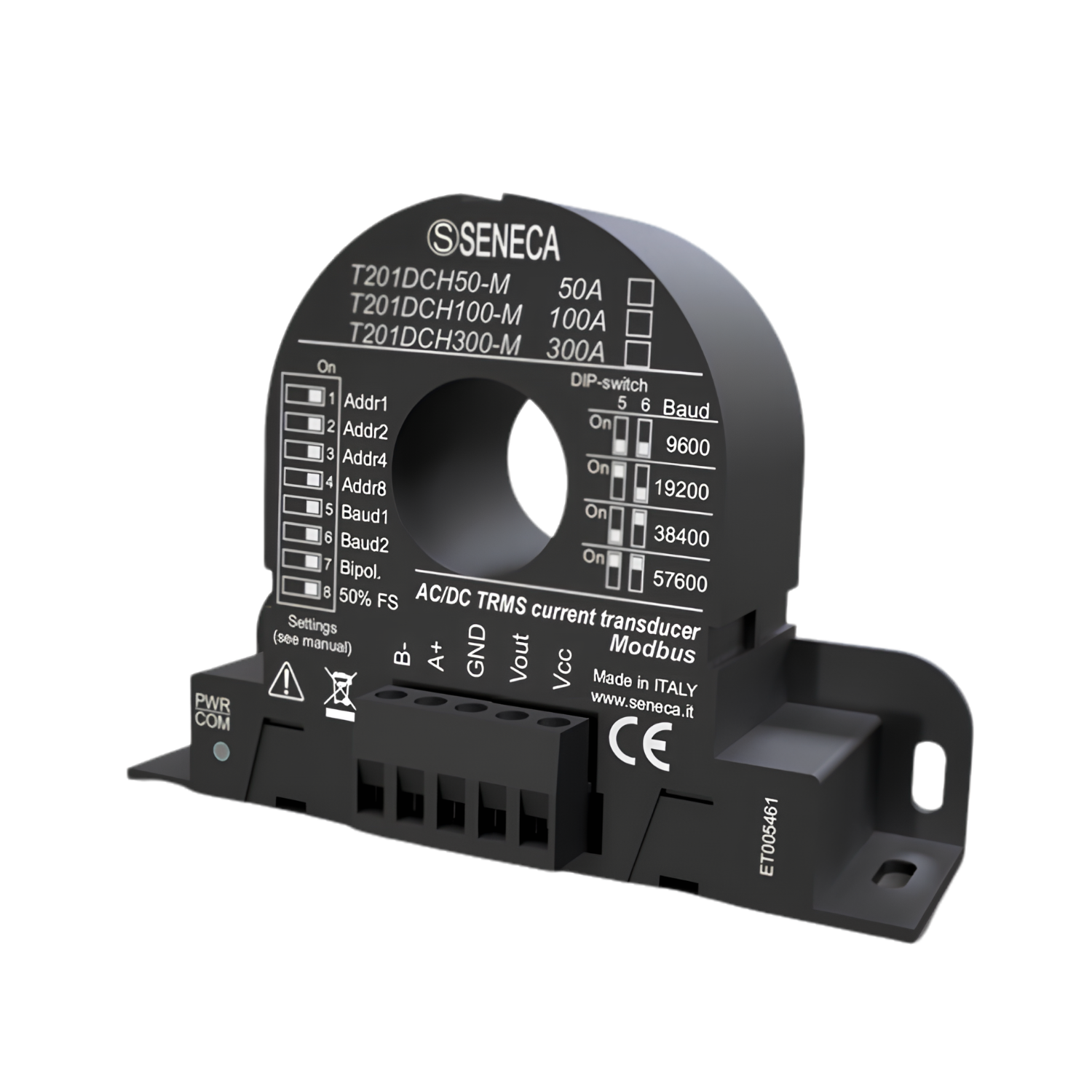 Transdutor de corrente CA/CC T201DCH100-M Seneca efeito Hall 100A saída 0-10V Modbus RS485 IP20