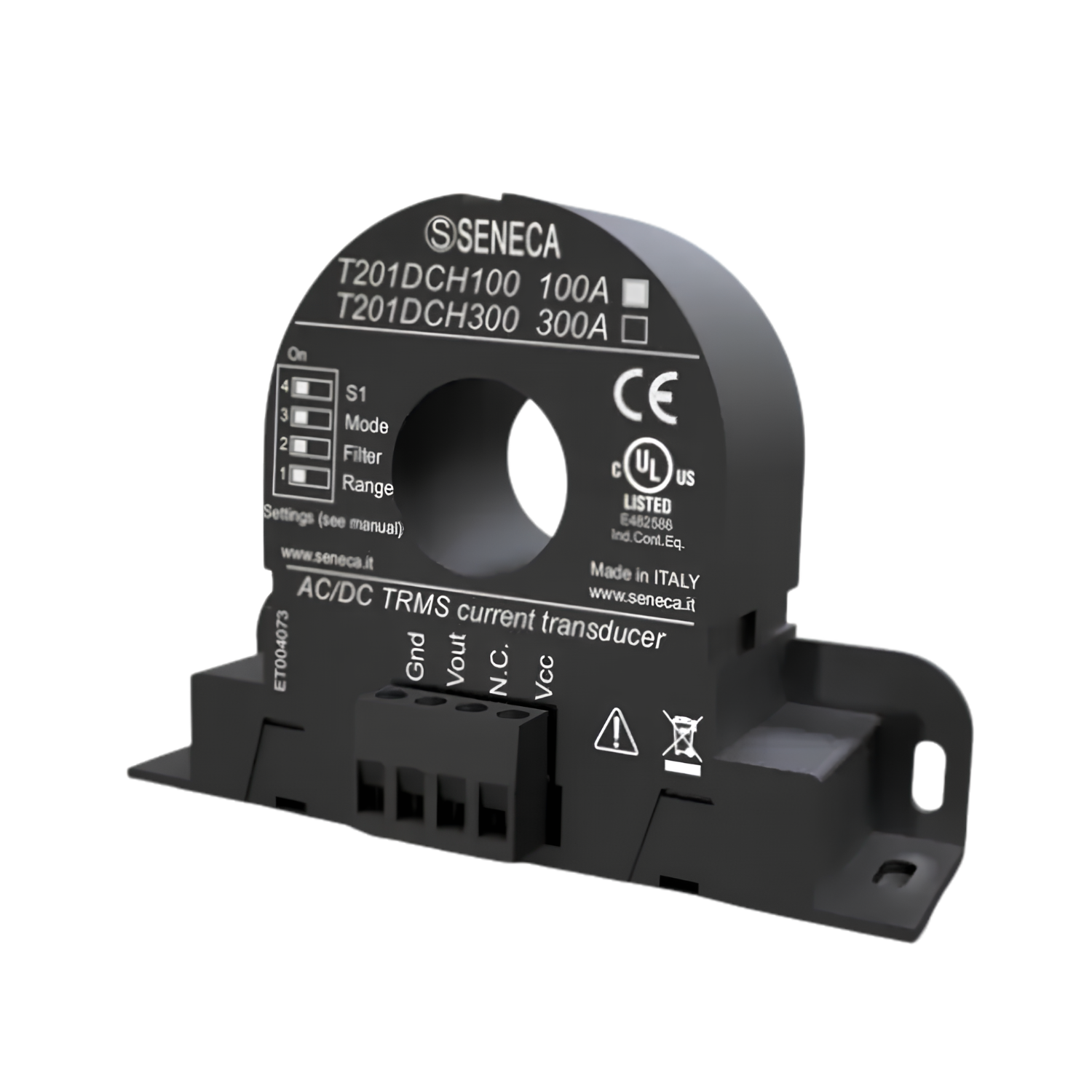 Transdutor de corrente CA/CC T201DCH100 Seneca efeito Hall até 100A saída 0-10V para automação industrial
