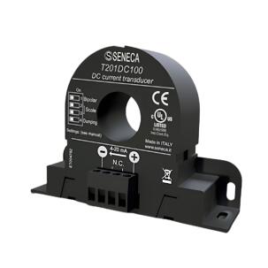 Transdutor de corrente CA/CC bipartido Seneca T201DCH100-OPEN com medição até 100A RMS, saída analógica 0-10V, comunicação Modbus RTU RS485 e USB, alimentação 11,5-28Vcc, condutor até 35mm e IP20 para monitoramento industrial