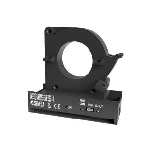 Transdutor de corrente CA/CC bipartido Seneca T201DCH600-OPEN com medição até 600A RMS, saída analógica 0-10V, comunicação Modbus RTU RS485 e USB, alimentação 12-28Vcc, condutor 35mm e IP20 para monitoramento industrial