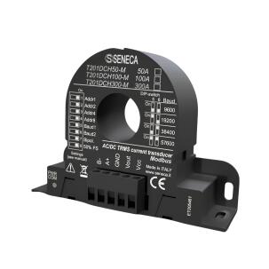 Transdutor de corrente CA/CC Seneca T201DCH100-MU com medição até 100A RMS, saída analógica 0-10V, comunicação Modbus RTU RS485, USB, alarme PNP, alimentação 12-28Vcc, condutor 20mm e IP20 para automação industrial