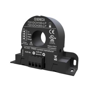 Transdutor de corrente CA/CC Seneca T201DCH300 com medição até 300A RMS bipolar, saída analógica 0-10V, alimentação 12-28Vcc, condutor 20,8mm e IP20 para monitoramento e automação industrial