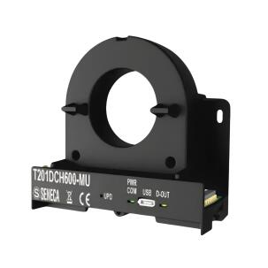 Transdutor de corrente CA/CC Seneca T201DCH600-MU com medição até 600A RMS, saída analógica 0-10V, comunicação Modbus RTU RS485, USB, alarme PNP, alimentação 12-28Vcc, condutor 20,8mm e IP20 para automação industrial