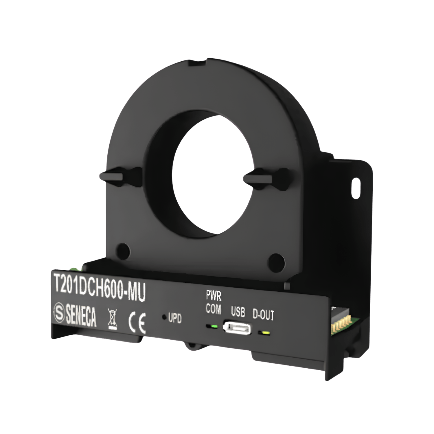 Transdutor de corrente CA/CC Seneca T201DCH600-MU com medição até 600A RMS, saída analógica 0-10V, comunicação Modbus RTU RS485, USB, alarme PNP, alimentação 12-28Vcc, condutor 20,8mm e IP20 para automação industrial