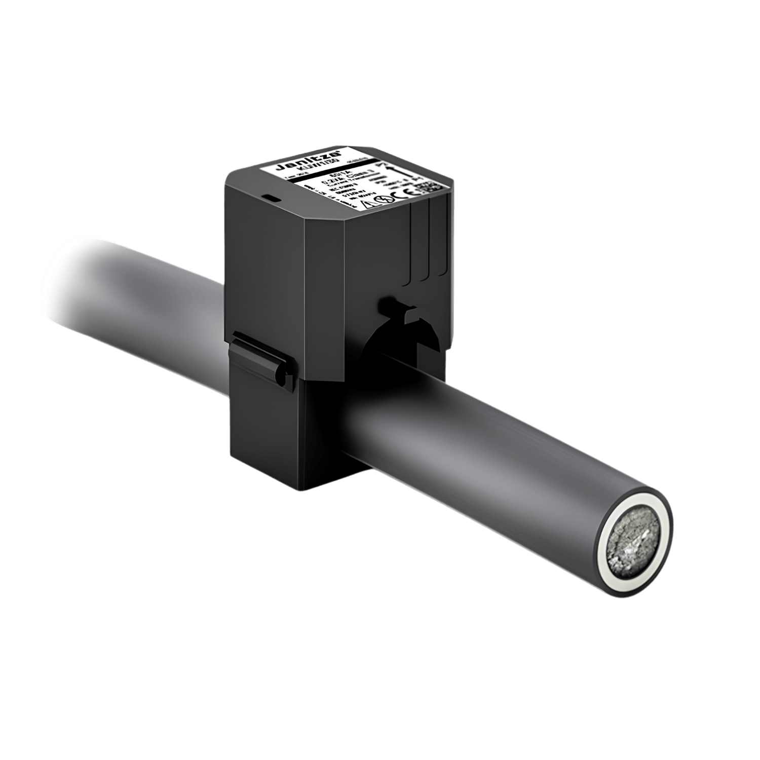 Transformador de corrente bipartido Janitza KUW1/30-200 com relação 200/1A, classe de precisão 1, diâmetro interno até 18mm, cabo de 3 metros e consumo 0,2VA para monitoramento e proteção em sistemas elétricos industriais