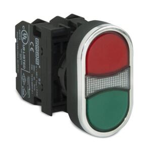 Botão Duplo Iluminado Verde Vermelho B152K20KY 1NA+1NF Plástico 22mm IP50 12 - 30 Vcc Conexão Parafuso